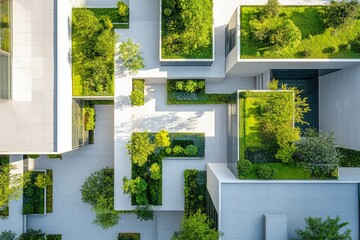 Aerial view of a modern building with integrated green spaces, showcasing sustainable design.