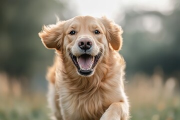 Happy Golden Retriever Running Through a Sunny Grass Field