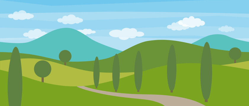 Vector flat landscape with green hills and trees and blue bright sky with clouds.