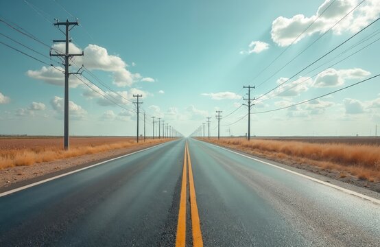 Empty asphalt road stretches to horizon under bright sunny sky. Perspective view with open way path shows rural country landscape. Power electric line poles, fence define ground transportation route.