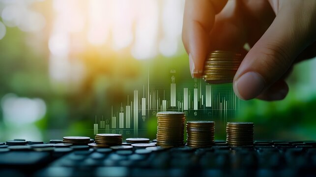 Hands Stacking Coins with Digital Financial Growth Chart Overlay for Wealth Accumulation and Smart Investment Concept
