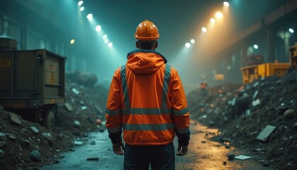 Fototapeta premium Back view worker in high-visibility jacket at night waste management facility with debris. Man in orange protective uniform, hard hat oversees waste disposal, recycling. Urban industrial scene.