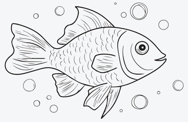 A Fish Swimming in Water with Bubbles, Ideal for Ocean and Nature-Themed Illustrations and Children’s Illustrations, a drawing of no color, children coloring books and illustrations, Vector EPS.