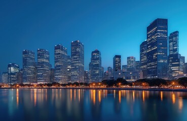 Fototapeta premium Night cityscape of Seoul, Yeouido at twilight. Urban skyline view features illuminated modern buildings. Skyscrapers reflect in river creating light reflections pattern. Scenic capital city at