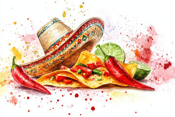 Festive watercolor illustration of nachos, chili peppers, lime, and sombrero