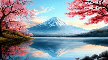 Fototapeta premium Serene Sunrise Landscape Snow Capped Mountain Reflected in a Calm Lake with Pink Cherry Blossoms