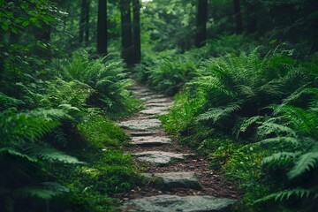 Obraz premium Beautiful natural landscape with fern plants on a mountain path. Ferns growing along the trail in an enchanted forest. 