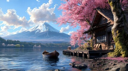 Lakeside Serenity Pink Cherry Blossoms Frame Wooden House and Snow Capped Mountain