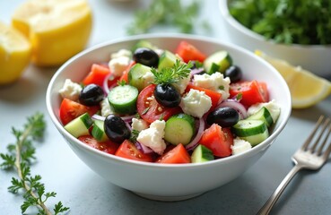 Traditional greek salad with feta cheese, olives in white bowl. Fresh vegetable salad includes tomato, cucumber, red onion, oregano sprigs. Healthy eating, mediterranean diet, organic nourishment