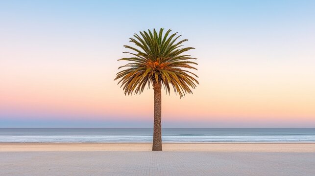 Single Palm Tree on Sandy Beach at Pastel Sunset