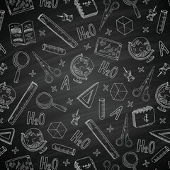 Back to school - seamless background on blackboard. Can be used for wallpaper, pattern fills, textile, web page background, surface textures. Vector illustration.