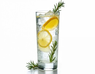 Refreshing Gin Fizz cocktail in tall glass with ice, lemon slices, rosemary garnish. Classic mix of gin, lemon juice, soda water. Summer refreshment drink isolated on white background.