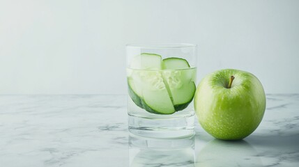 Green apple and a glass of cucumber and apple juice set on a marble surface. simple and clean, this image conveys healthy eating and minimalist food presentation. vibrant food items like the fresh app