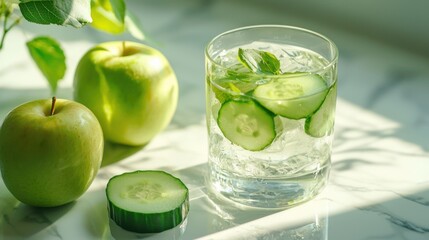 Green apple and a glass of cucumber and apple juice set on a marble surface. simple and clean, this image conveys healthy eating and minimalist food presentation. vibrant food items like the fresh app