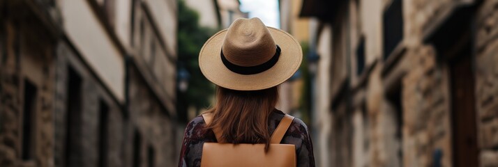 A woman strolls down a picturesque alley in a historic town, adorned with charming architecture and inviting ambiance, evoking a sense of wanderlust and exploration.