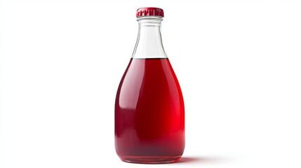 A realistic illustration of a juice bottle, filled with a vibrant juice, isolated on a white background. The bottle is designed with clear glass or plastic, showcasing the juice's rich color