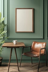 Green wall, wooden chair, table, and frame mockup.