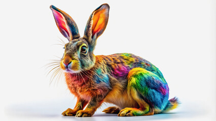 Naklejka premium A vibrantly colored hare, showcasing a spectrum of hues across its fur.Close-up of a hare, its fur painted in a kaleidoscope of colors.