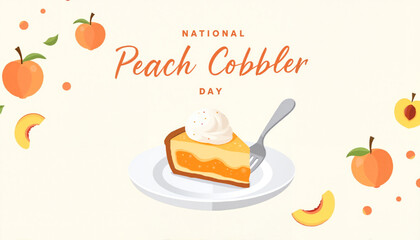 Celebratory peach cobbler slice on a plate with peaches, dessert delight, National Peach Cobbler Day