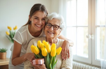 Smiling young woman hugs senior mother holding yellow tulip flowers, gift box. Happy family celebrates Mothers day together at home. Multi-generational bonding, enjoying time. Love, care, affection.