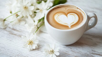Obraz na płótnie Canvas Professional Latte with Heart Latte Art in White Cup - Creative Beverage Concept