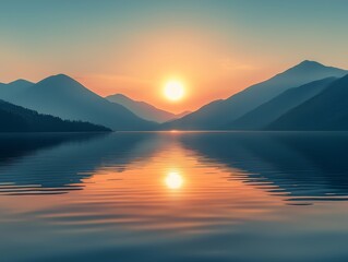 Fototapeta premium Serene sunset over the lake with mountain silhouettes, a peaceful horizon