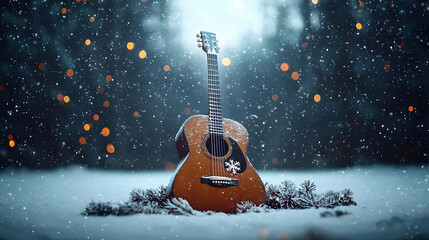 Brown Acoustic Guitar Gently Covered In Snow In Winter Wonderland With Festive Bokeh Lights
