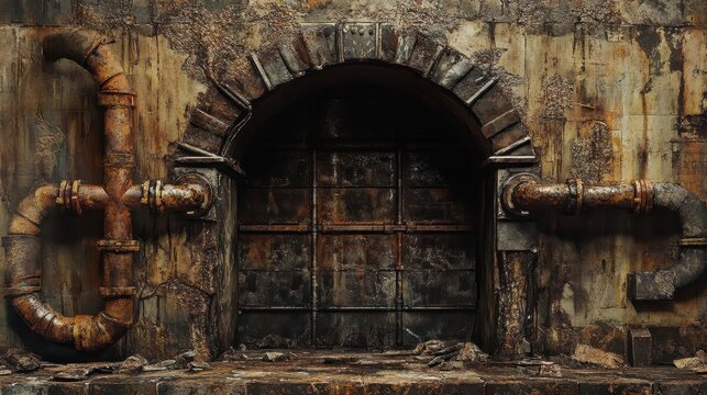 A rusted door within an aged archway and decaying pipes