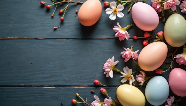 Colorful eggs, spring flowers for Easter holiday on dark wood background. Festive arrangement, ornate design. Painted vibrant eggs with blossom branches. Springtime mood. Creative composition,