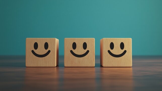 Wooden blocks with smiley faces on a wooden surface against a teal background, cheerful and playful concept