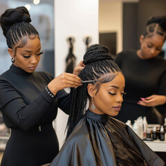 Black woman getting her braids styled by another Black woman. Focus on intricate details of the hairstyle.