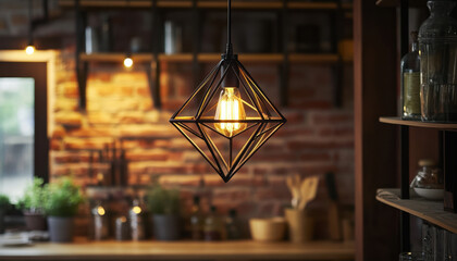 A geometric pendant light hangs from the ceiling, casting a warm glow over a kitchen filled with wooden shelves, plants, and a rustic brick wall. It's a tranquil atmosphere perfect for cooking