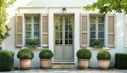 Fototapeta premium This front door features tall windows and soft beige shutters, surrounded by vibrant greenery. Four decorative pots with neatly trimmed plants enhance the charming entrance