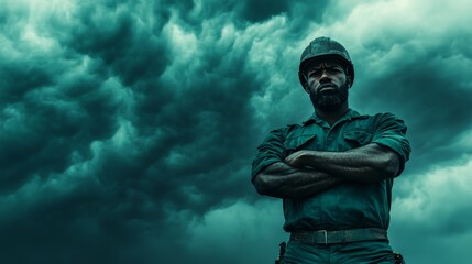 Strong construction worker standing against dramatic storm clouds with determined expression and powerful presence