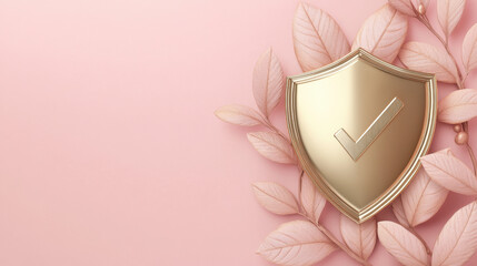A shiny golden shield with a central checkmark is beautifully placed on soft pink leaves. The elegant design reflects a sense of security and trustworthiness in a serene environment