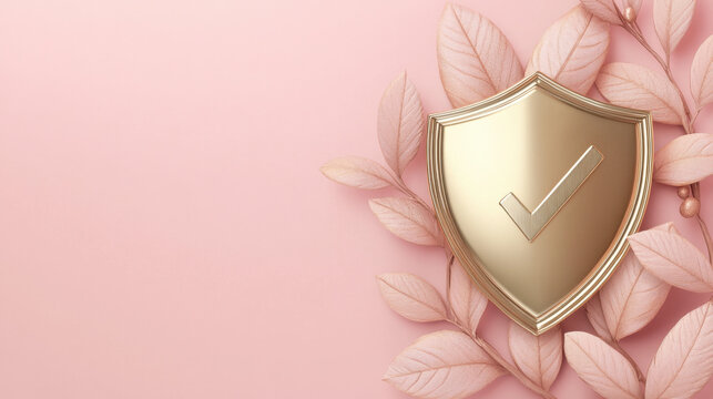 A shiny golden shield with a central checkmark is beautifully placed on soft pink leaves. The elegant design reflects a sense of security and trustworthiness in a serene environment