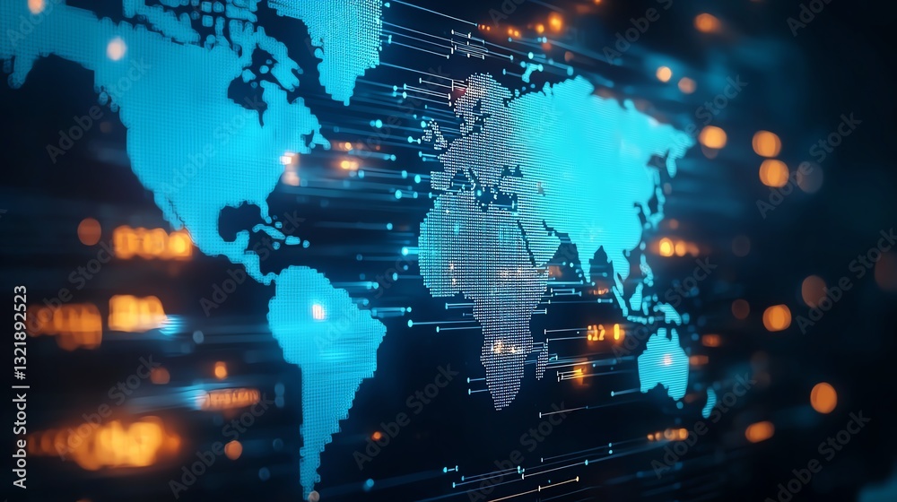 Poster a captivating digital representation of a world map with interconnected lines and glowing nodes, sym