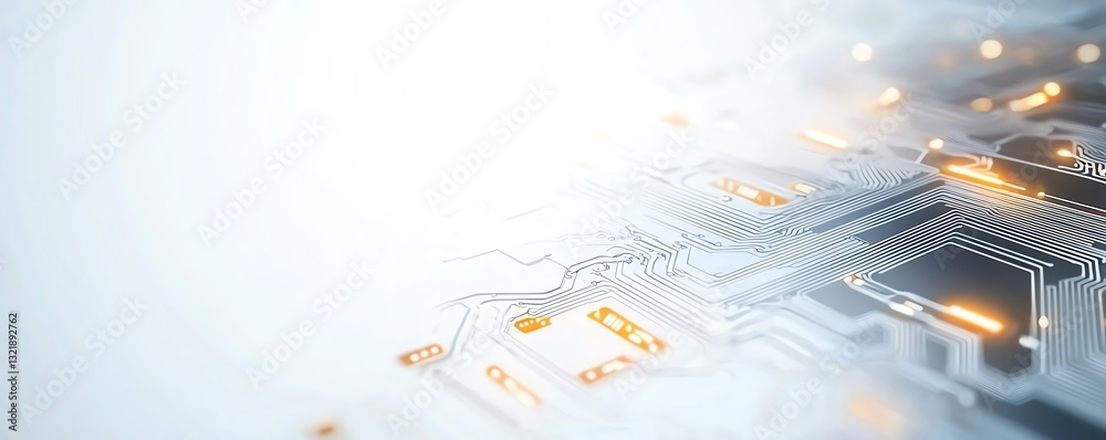 Poster abstract image of a circuit board with glowing components and a soft light background, symbolizing t