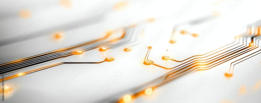 Poster close-up of a circuit board with intricate patterns and glowing orange elements