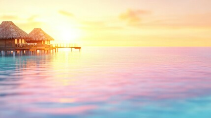 Serene Island Retreat: A tropical paradise unfolds with charming huts perched over the crystal-clear waters, reflecting the vibrant hues of a mesmerizing sunset, evoking tranquility and relaxation.