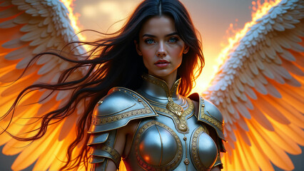 Gorgeous brunette winged female angel warrior in shiny metal armor, abstract fantasy wallpaper