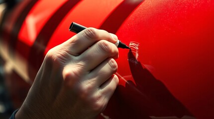 touch-up paint pen to repair a minor scratch on a vibrant red car