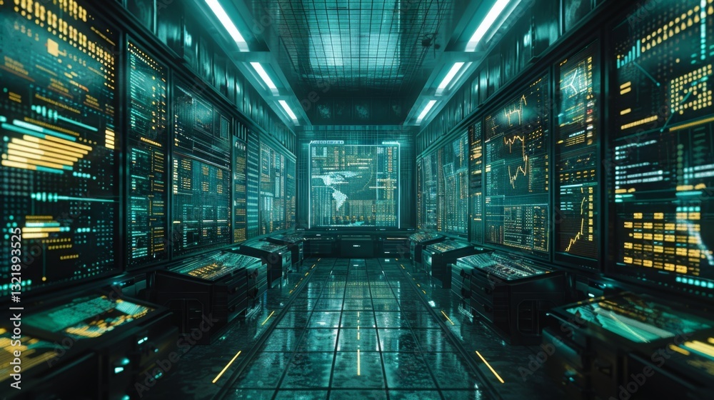 Leinwandbilder High tech control room features an array of glowing screens, digital displays, and data analysis tools. The environment is immersive with a cybernetic ambiance, emphasizing modern technology.