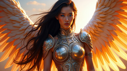 Mystical winged Asian female angel warrior in shiny metal armor, abstract fantasy wallpaper