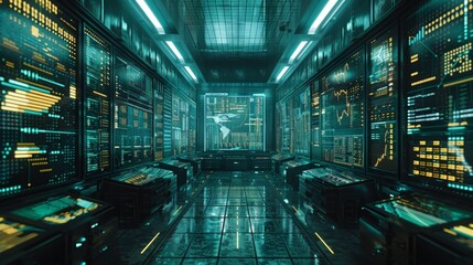 High tech control room features an array of glowing screens, digital displays, and data analysis tools. The environment is immersive with a cybernetic ambiance, emphasizing modern technology.