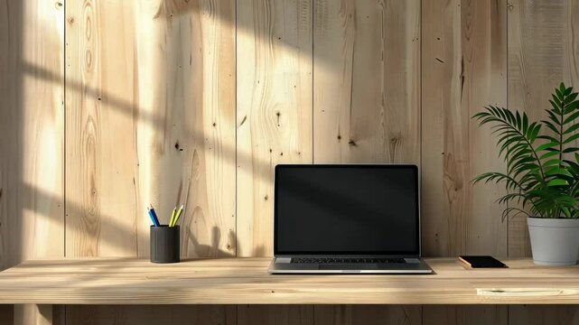 Minimalist workspace, organized desk with laptop and plant, clean and clutter-free
