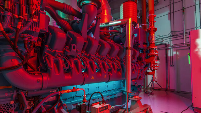 Diesel electric generator in power supply room of data center timelapse hyperlapse