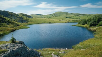 Fototapeta premium A serene landscape features a still blue lake and green hills