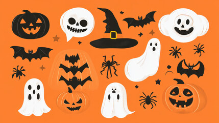 Halloween props. Holiday accessories speech bubbles with phrases, pumpkin, skull and devil hat. Spider, ghost and bat, broom vector icons. Halloween masquerade, party holiday set illustration