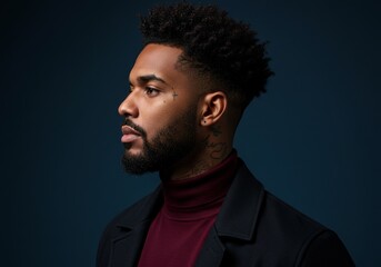Obraz premium A photo of a man with a dark complexion, short curly hair, and a beard.
